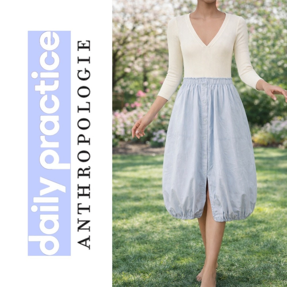 Daily Practice, Anthropologie Bubble Hem Ribbed Long‎ Sleeve Midi Dress Blue XS